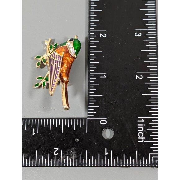 Retro Green Brown Enamel Rhinestone Bird on Branch Brooch Pin - Picture 6 of 6